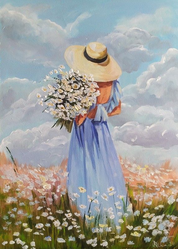 acrylic painting on panel original hand made art with a lady in hat and daisies