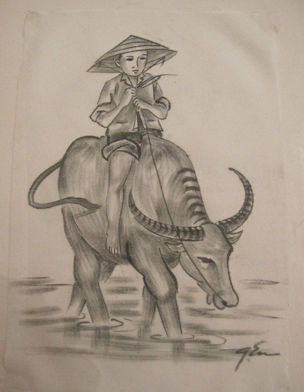 vintage original figural boy with bull Japanese signed ink drawing on white silk
