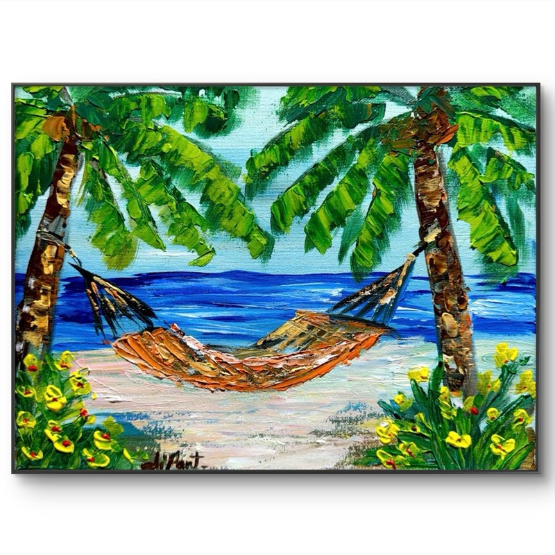 Hammock Palm Original Art 12×9 Canvas Paradise Impressionist Wall Art Home Decor