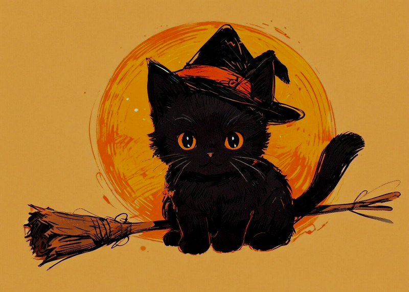 ACEO Mini *Art Print* Black Cat Baby Kitten Halloween Hat & Broom by Saulite