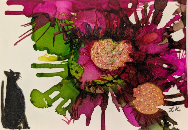 Original ACEO in Alcohol Ink: «Kitty Says Wow!» by Lynne Kohler