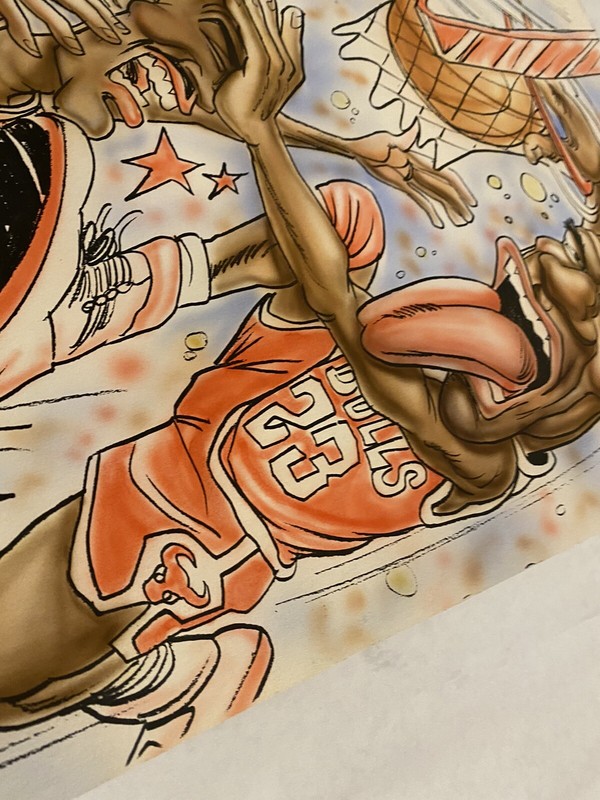 Vintage Micheal Jordan Chicago Bulls #23 Caricature Art Print Dunk Over Hawks gallery