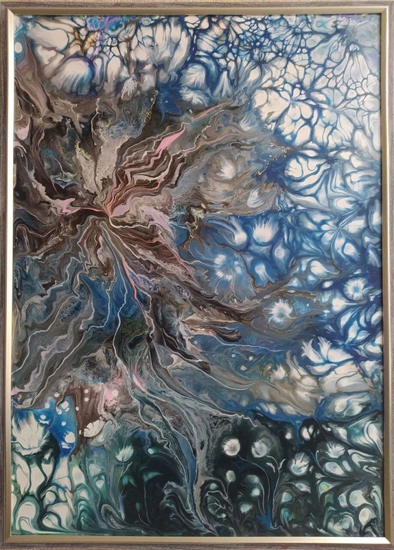 Acrylic pour painting on panel Fluid art Abstract blue framed painting 28×20″