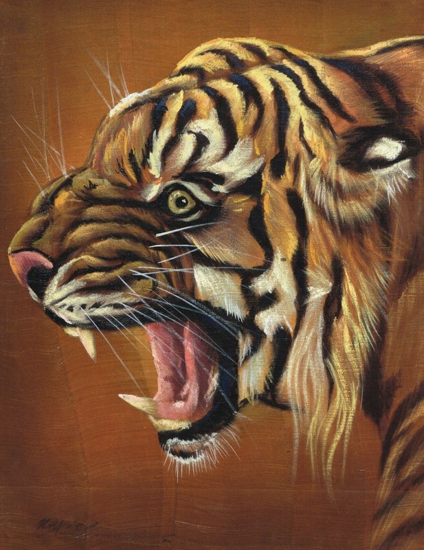 Tiger Painting Handmade Realistic Angry Tiger Face Art On Silk 8.5x11 Inches gallery