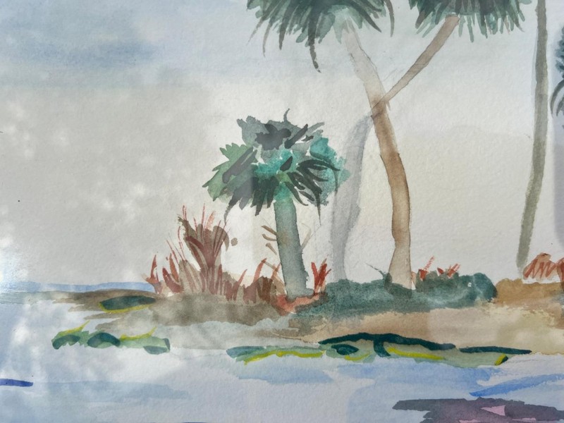 Vintage Nautical Coastal Landscape Watercolor Painting Island Palm Trees Beach gallery