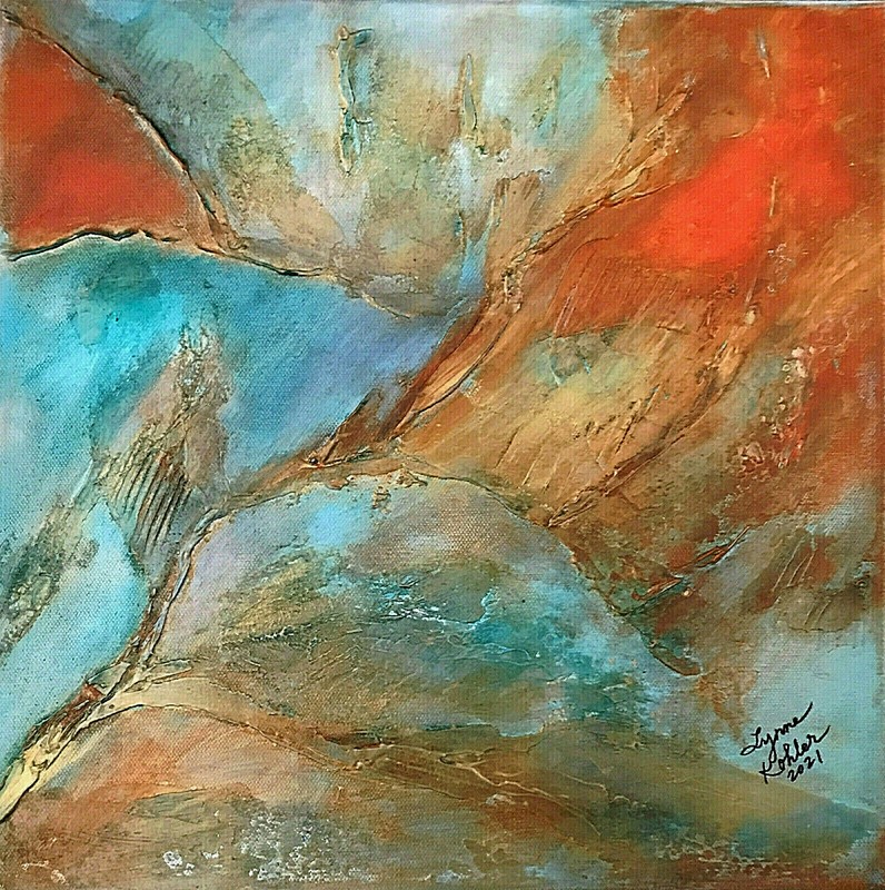 Original painting 14×14″ Textured Canvas teal Gold by Lynne Kohler