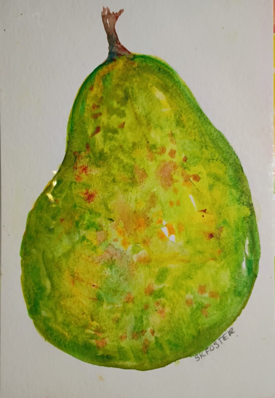 4×6 Green Pear Original Watercolor Painting, Fruit OOAK