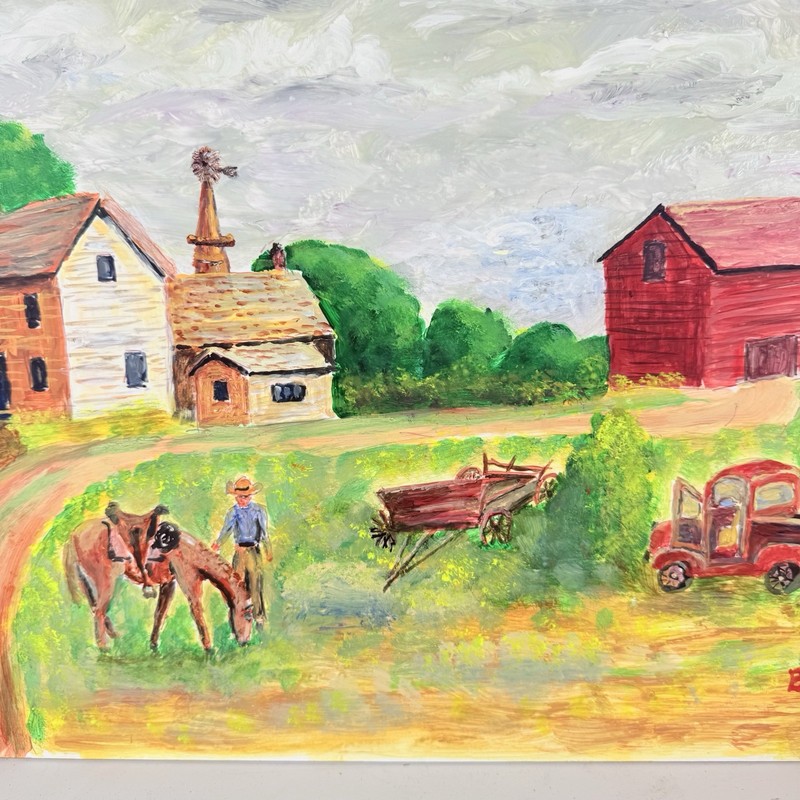 Original Painting Art Farm House Barn Horse Landscape Folk Art Signed 20" x 15" gallery