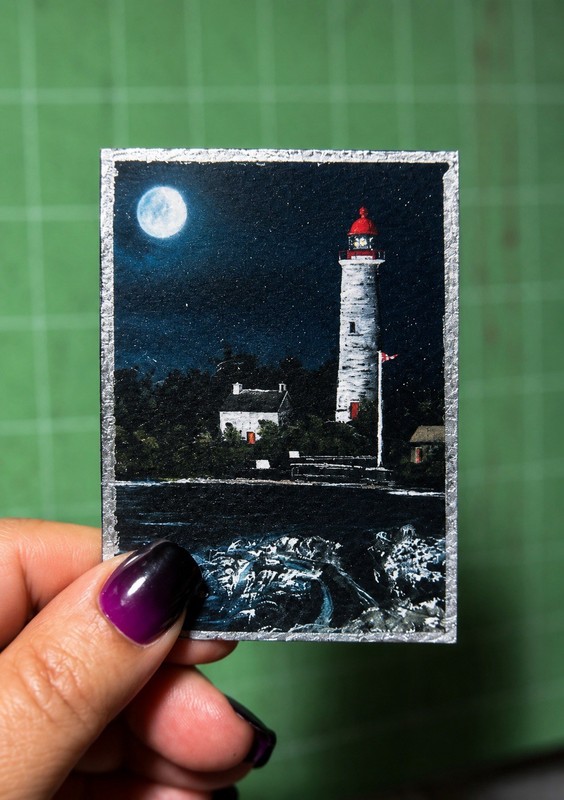 ACEO Original Art Print – Mixed Media 3.5 x 2.5 » Lighthouse By Wanda Fitzgerald