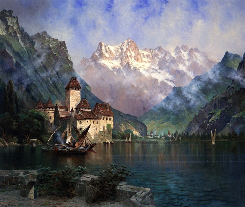Oil painting Edwin Deakin – Dent du Midi village by river landscape & sail boats