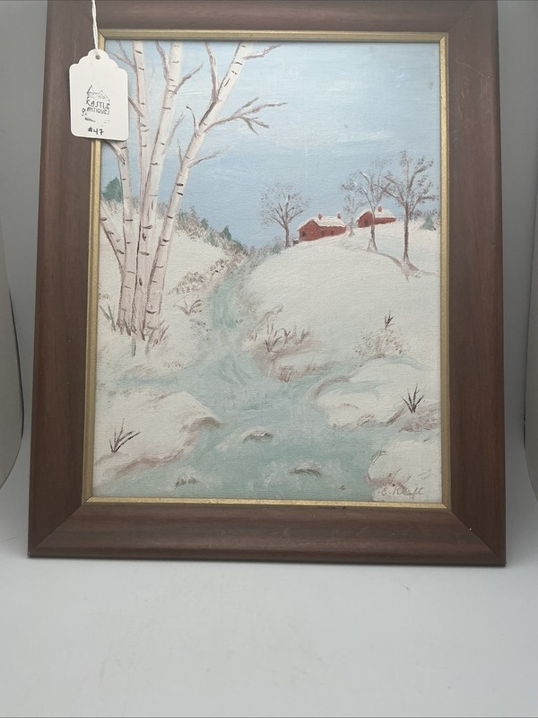 Vintage 1960s Winter Landscape Oil Painting E Kraft Signed Red Barn Framed OOAK