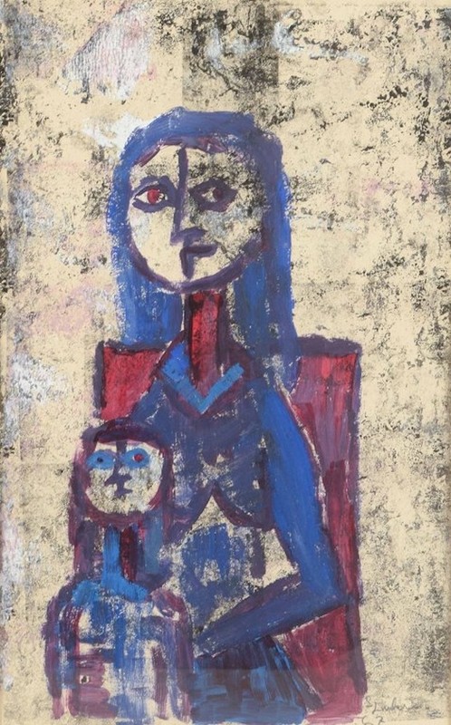 Sven Linder, Swedish painter. Mixed media on panel. Mother and Child. 1967