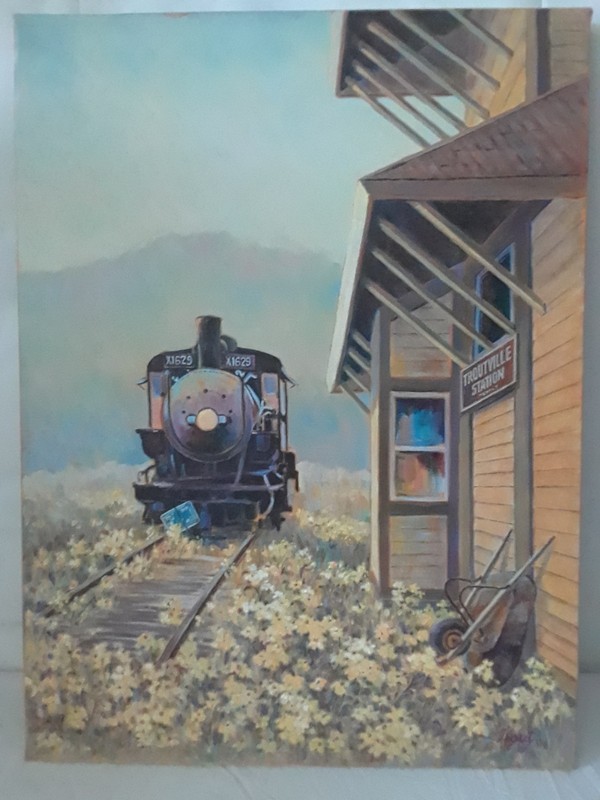 Last Stop Troutville Locomotive Painting by Don Trout on Canvas Original