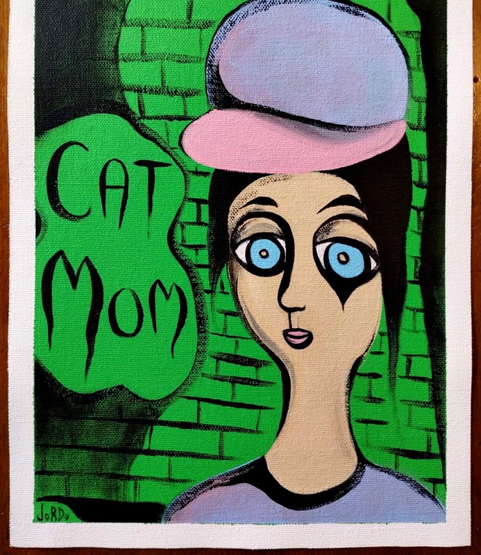 CAT MOM POP ART EXPRESSIONISM PAINTING ON LOOSE COTTON CANVAS..9 X 12 BY: JORDO gallery