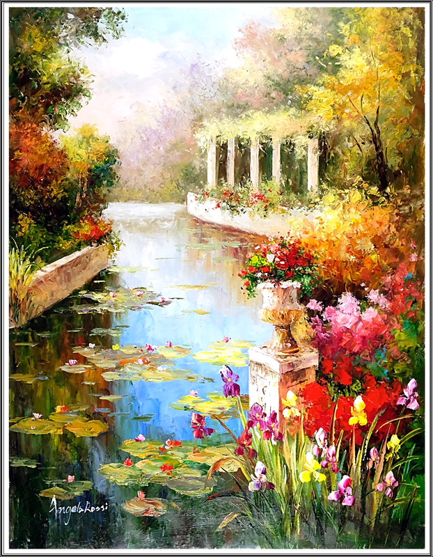 Stretched Original Oil Painting On Canvas Signed A Rossi, Spring Garden Wall Art