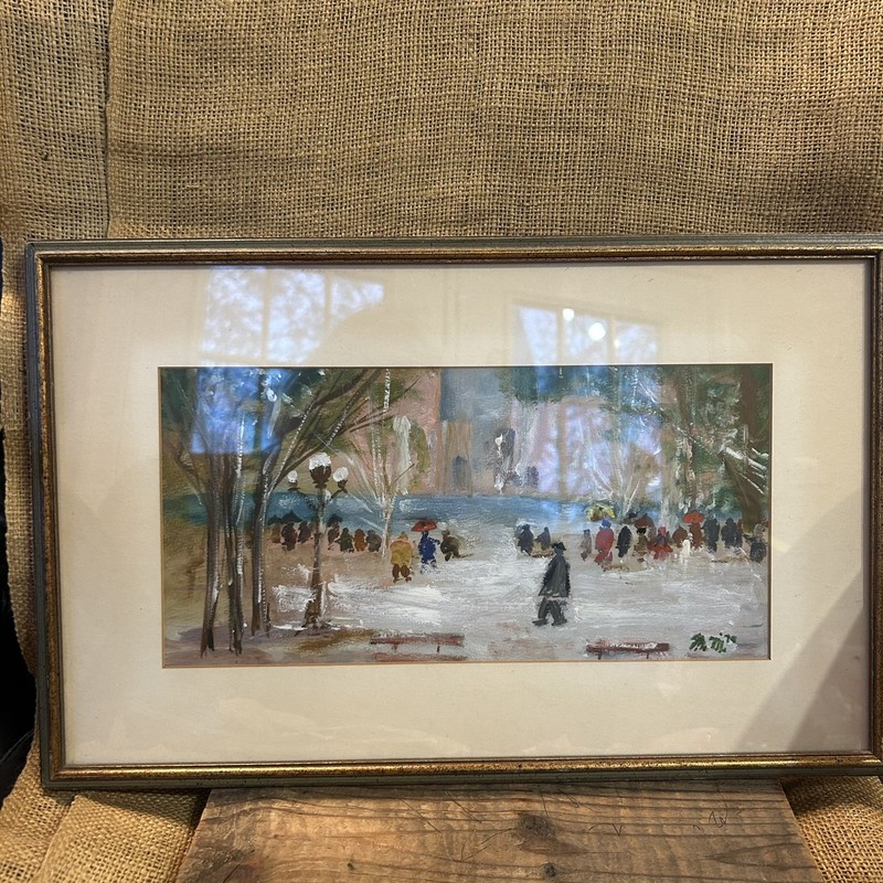 Framed Skaters in city Orig Art Vintage ‘79 by MM, what a Lovely Winter Treasure