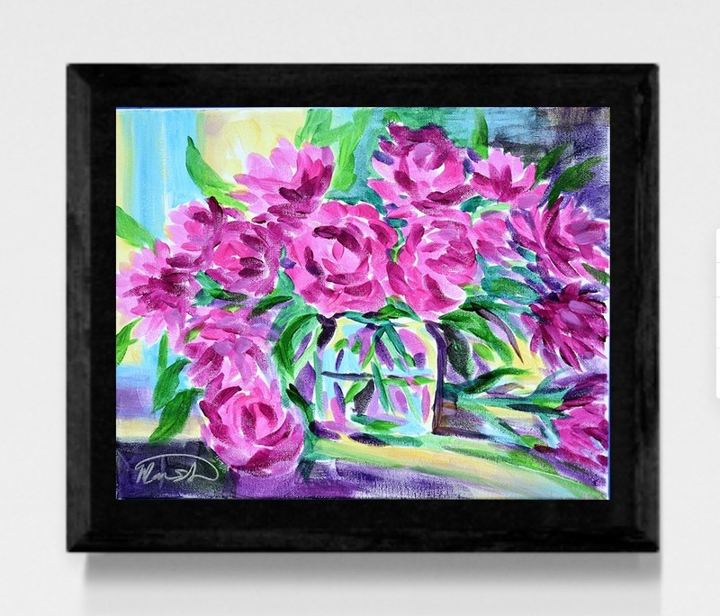 Original 11×14 Impressionism Peonies Floral Abstract Acrylic Canvas Signed Deco