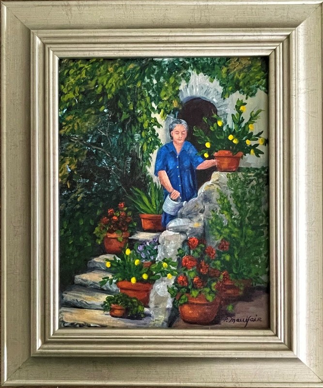 Signed Oil Painting Woman in Flower Garden Artist Phyllis Maulfair