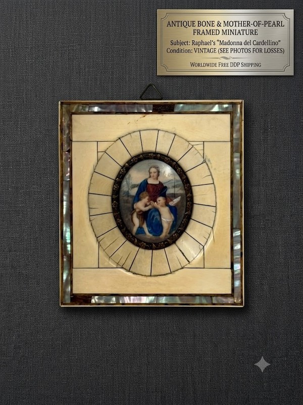 Raphael Madonna of the Goldfinch Miniature Painting Inlaid Mother of Pearl Frame