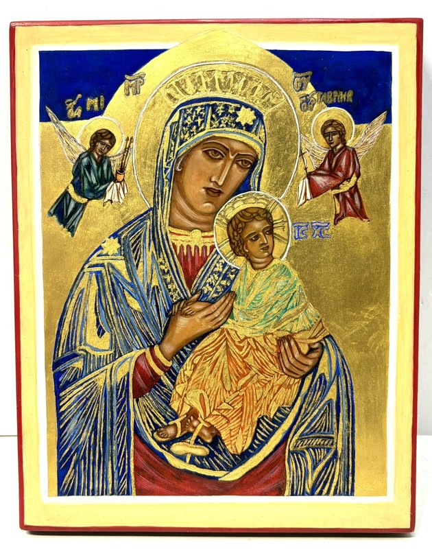Virgin Mary Baby Jesus Greek Orthodox Gold Icon Hand Painted On Wood 11 x 9