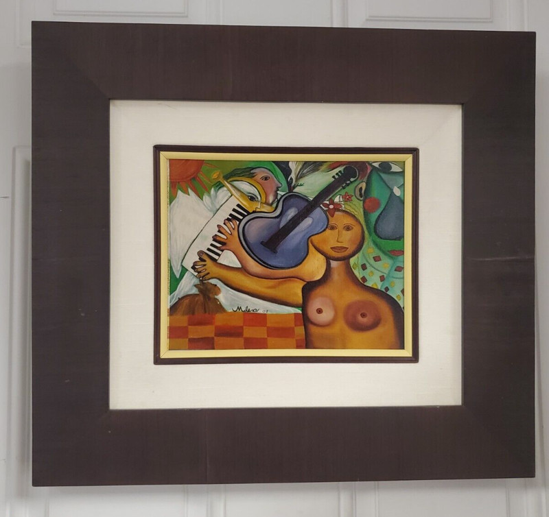Nude Lady Playing Music Violin Keyboard Trumpet Painting Milena 02 Signed Framed