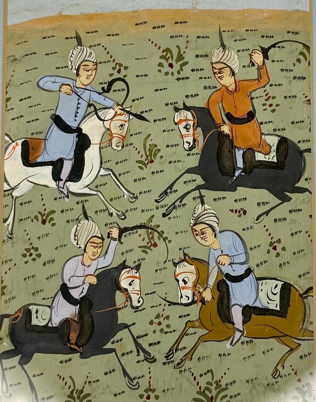 ⭕️ ANTIQUE INDO-PERSIAN MINIATURE PAINTING HORSEBACK DUEL GOUACHE ON PAPER gallery
