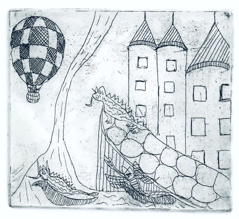 Fantasy Art – 10″ Etching with Castle, Hot Air Balloon, Dragons, Moat, Creatures