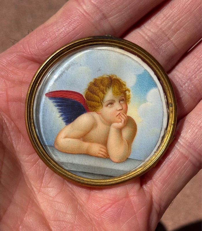 Antique Raphael Miniature Portrait Painting Cherub Angel Putti 19th C. French