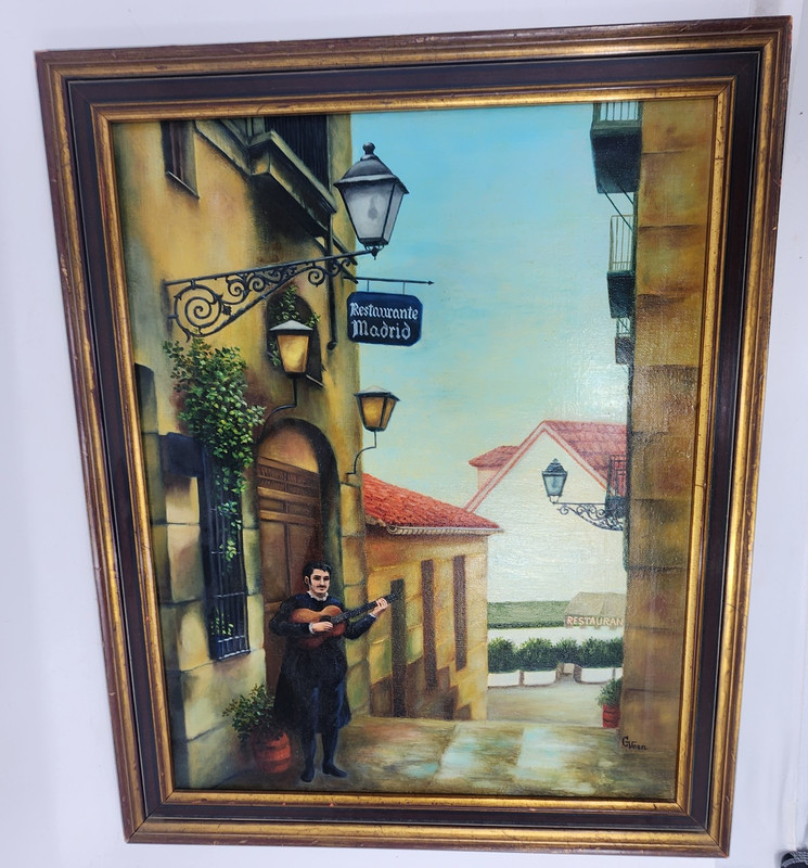 Original Oil Painting Madrid Restaurante Street Scene Old World Charm Signed ’82