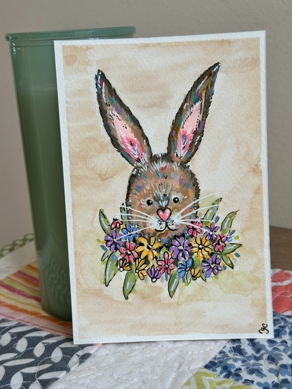 Spring Bunny With Flowers Painting, Small Art, 4x6”, Heartfelt_by_robin, Rabbit gallery