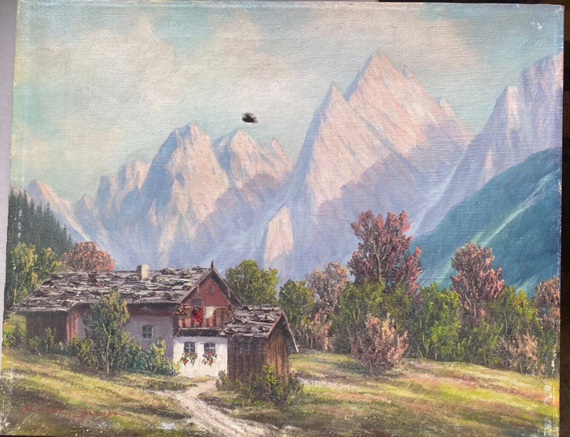 Oil Painting Signed Maier Burgland Landscape With Cabin By The Forest
