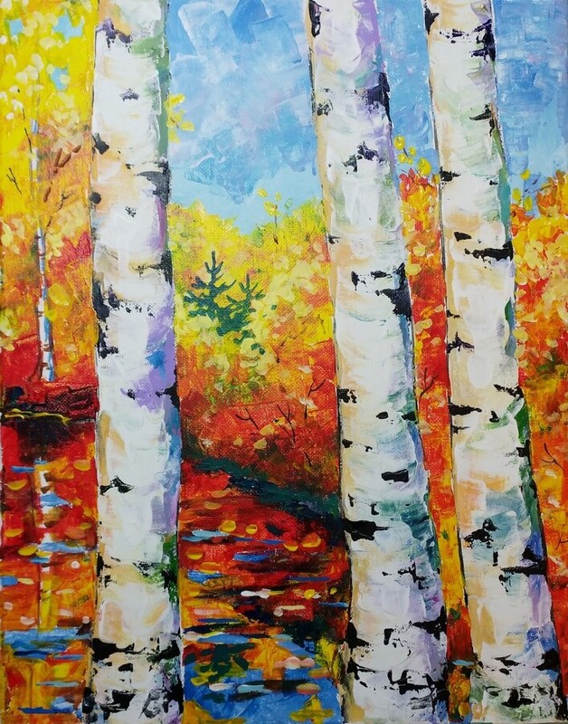 Original Painting on canvas, FALL BIRCHES, landscape, acrylic, 11″x 14″, signed