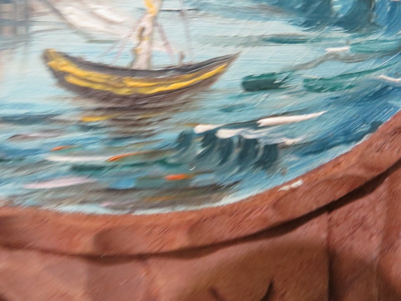 HAND PAINTED SAILBOATS ON OCEAN NAUTICAL ON CUSTOM CARVED WOODEN CIRCLE FRAME gallery