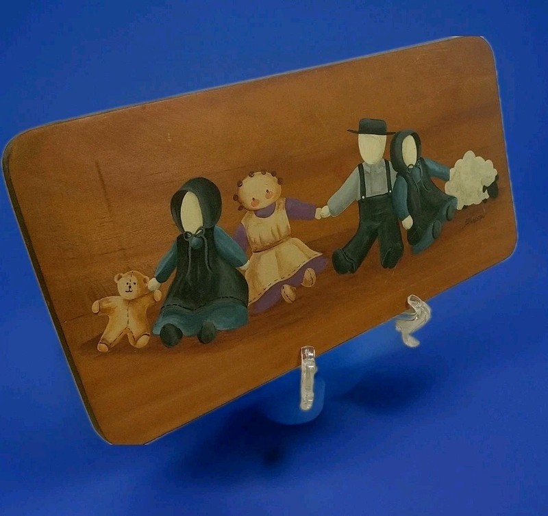 Vtg. Hand Painted Amish Dolls~ Children Folk Art Wood Plaque, Signed~11 34″x 6″