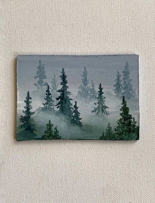 ACEO. mini original oil painting of forest, fog, conifers, trees, forest landsca gallery