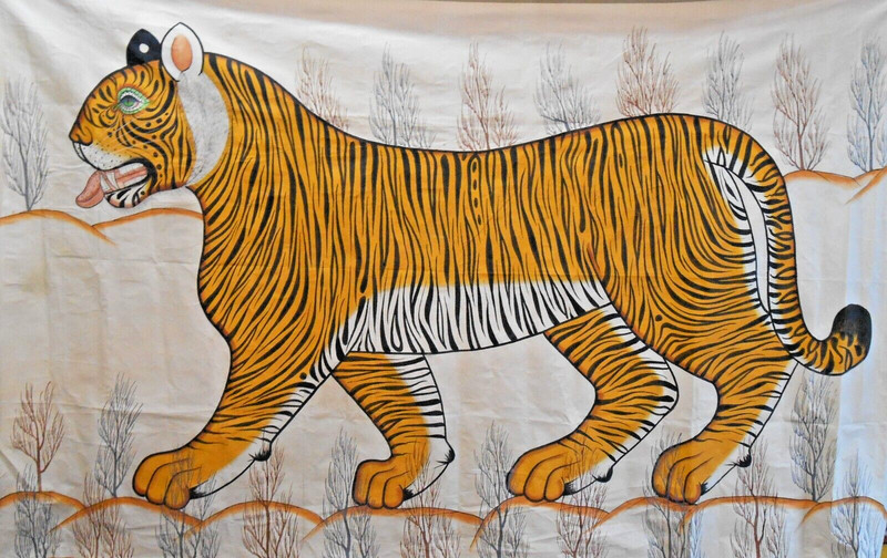 Huge Tiger Painting Original Indian Folk Art Cotton Canvas Wall Decor 106x69 In gallery