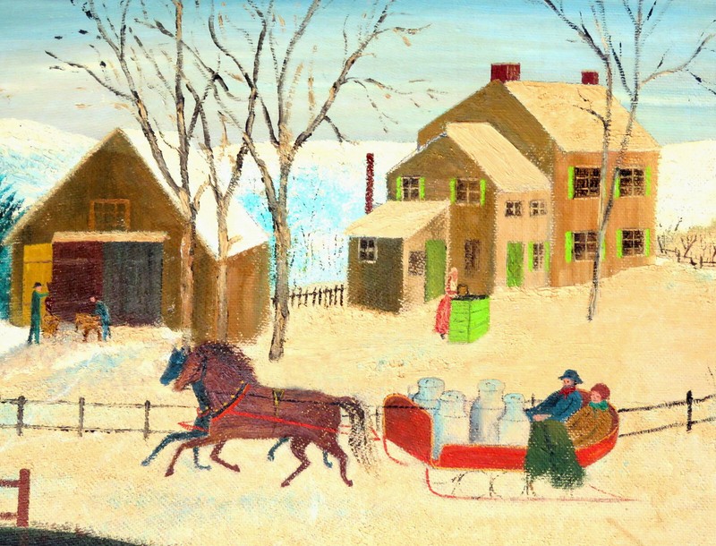 1930 CANADIAN AMISH MENNONITE WINTER SCENE NAIVE OIL PAINTING RA INITIALS SIGNED gallery