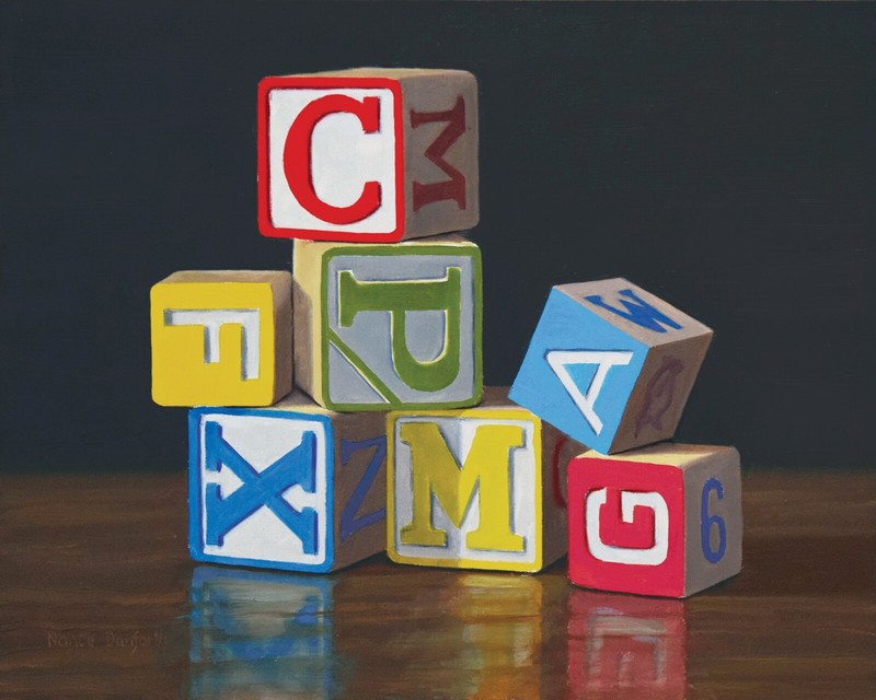 DANFORTH Wooden Alphabet Blocks, 8×10 still life realistic original oil painting