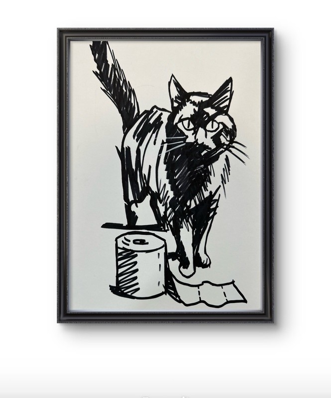 Original Abstract Cat Toilet Paper Painting 9×12 paper Modern Wall Art Home Deco