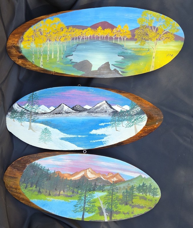 3 Hand Painted Scenes On Rough Cut Colorado Aspen By Sagebrush Annie (H.A.A.)