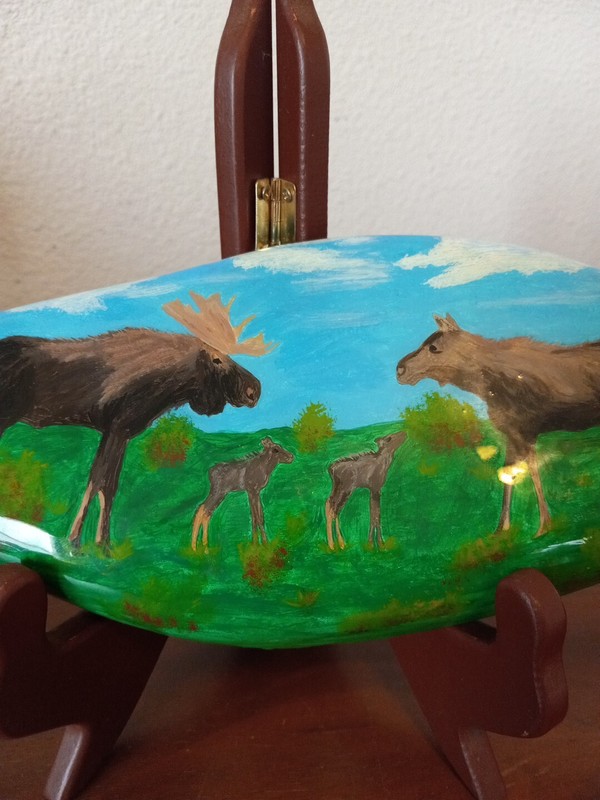 Signed, Hand Painted Rock, Sealed Bull, Twins, Mama Moose Summer Scene gallery