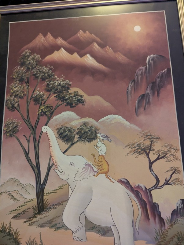 FOUR FRIENDS ORIGINAL TIBETAN THANGKA PAINTING- A SYMBOL OF HARMONY AND GOODWILL gallery