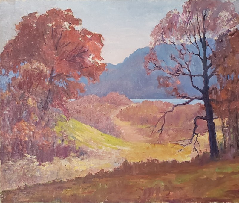 🔥 VINTAGE 25 X 30 ORIGINAL HOOSIER SCHOOL OIL PAINTING IMPRESSIONIST Landscape gallery