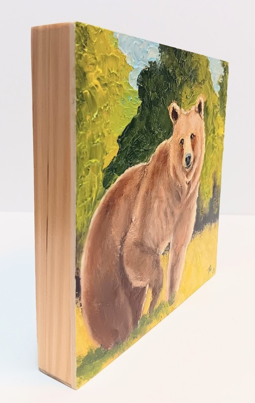 CURIOUSITY, 6X6x3/4 Original Oil Painting of a Grizzly Bear by Ty Livingston. gallery