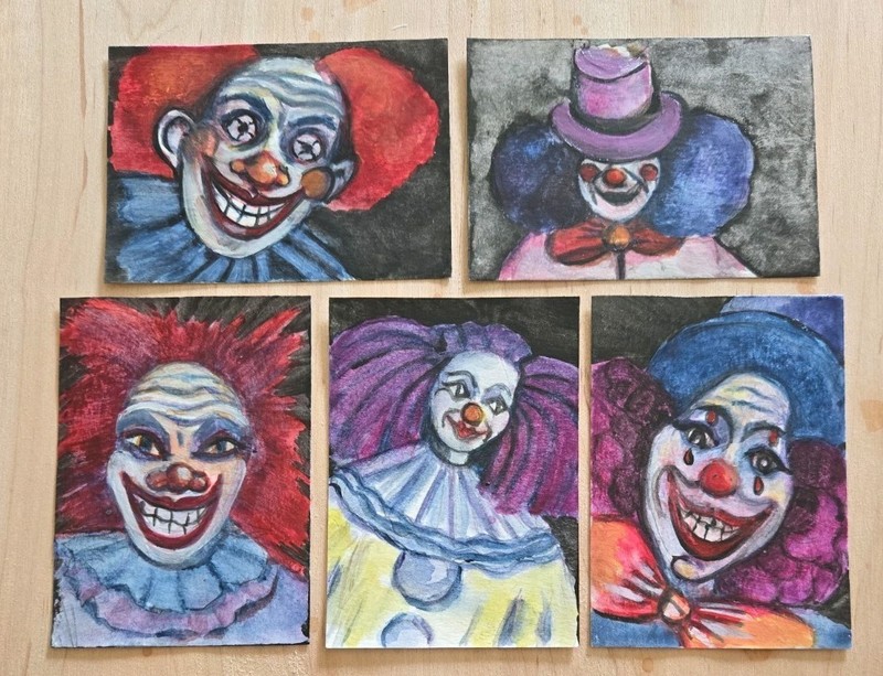 Original ACEO Crazy Clowns 5pc Series Lot Watercolor Painting Art OOAK Signed