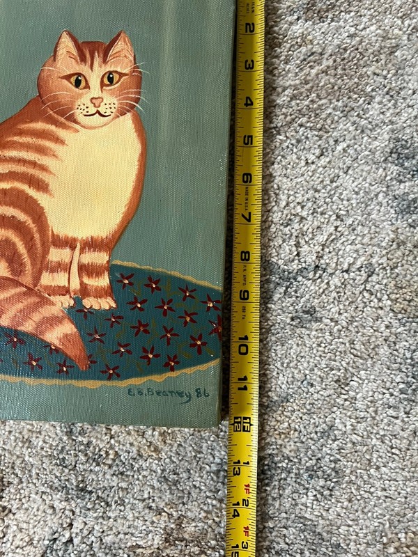 Vintage Signed E.B. Beaney (NY) Original Folk Art Painting Cat on Blanket 12 x 8 gallery