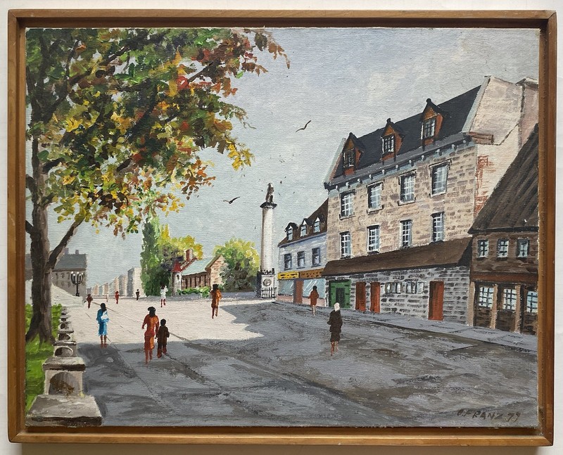 Vintage Oil Painting Town City Quebec Or Paris Street Scene Signed O. Franz