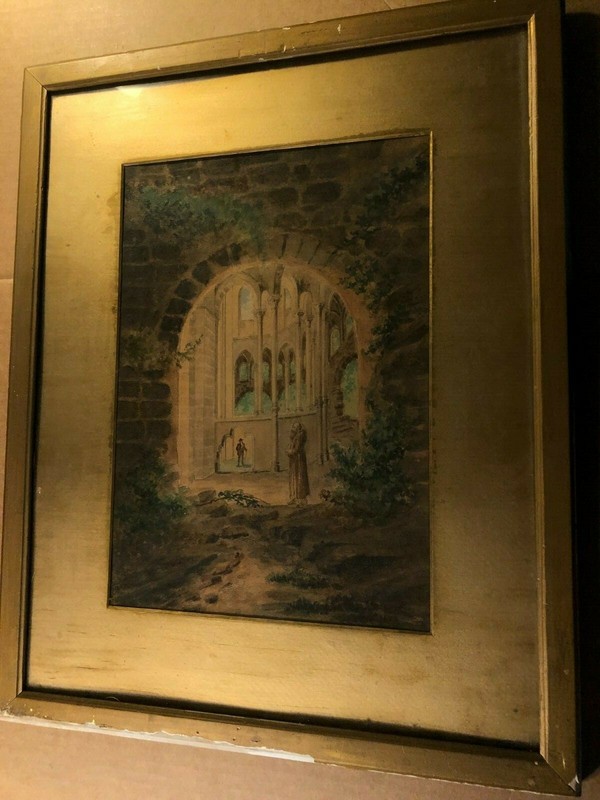 Antique Illustration Art Painting Monk Abbey Ruins Figure