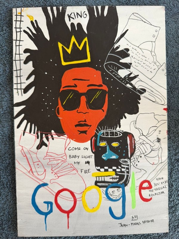 BASQUIAT drawing and painting on old wood signed stamped vintage