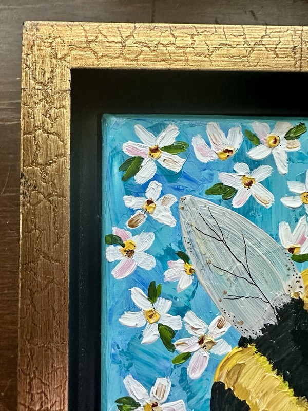 Original Acrylic Textured Canvas Painting Bumble Bee Flower Nature Art Framed gallery